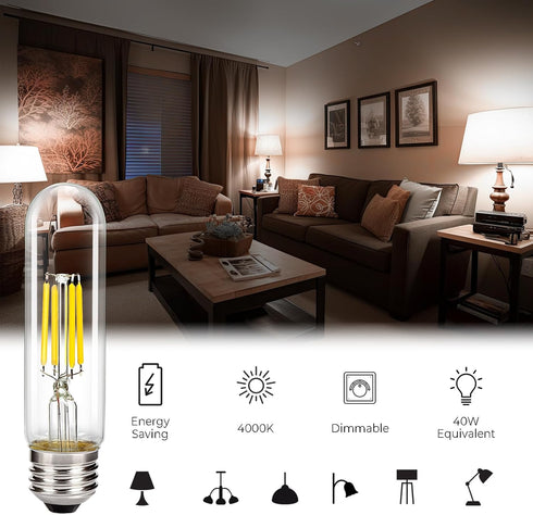 Bulbs 40 4W 400LM 4000K T10 Bulb Dimmable Vanity(6-Pack) Leadleds Tubular LED Edison Watt Equivalent, Daylight, LED