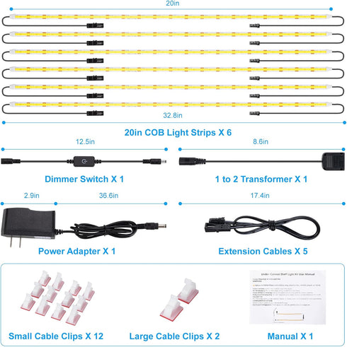 6 20 Inch Dimmable Closet, 6000K JUSJUBR LED Lights for Shelves, PCS Flexible COB LED Strip Lights for Cabinet, Display