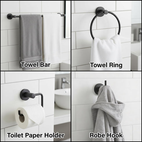 4-Piece Set, 24-Inch HIGHCRAFT Bathroom Accessory Matte Black Towel Bar, Towel Ring, Robe Hook & Toilet Paper Holder