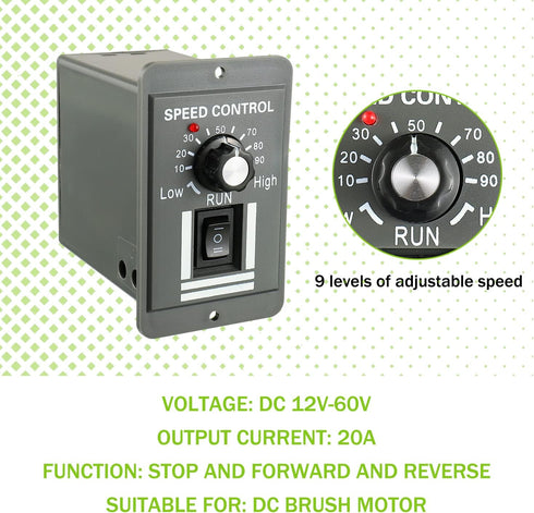 DC 12-60V Motor Speed Controller, 20A Adjustable PWM Switch for Electric Motor Speed Regulation