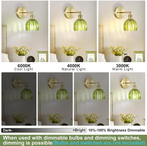 Set (Bulbs Hardwired Wall Sconces of Two, Vintage Wall Lights with Green Tulip Glass Lampshade, Gold Wall Lamps