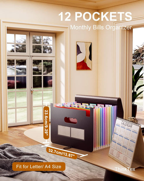 ThinkTex Accordion File Organizer, 12 Pockets Monthly Bill Receipt Organizer, Portable Expanding File Folders,
