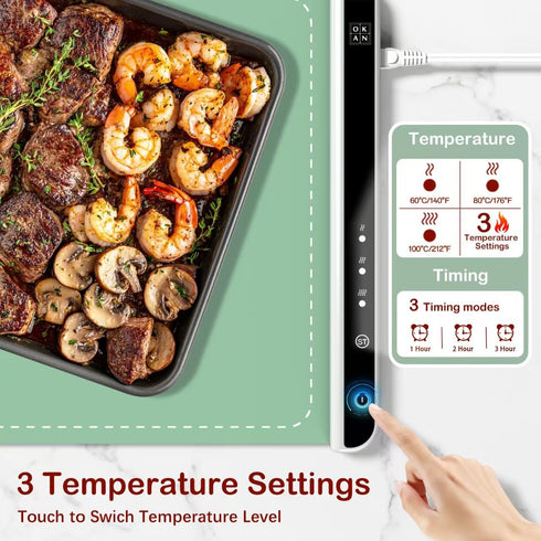 3 26" Okan Silicone Electric Food Warming Tray, Fast Full Surface Heating with Timer, Portable Rollable Versatile