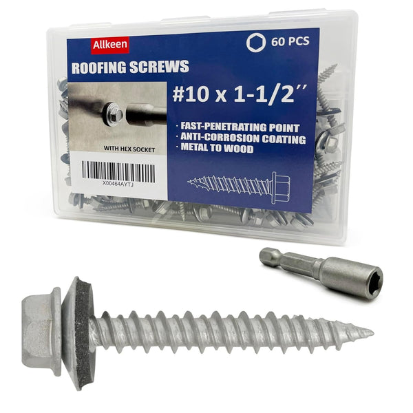 #10 x 1-1/2" Hex Head Sheet Metal Roof Screws, Rustpert Coating Metal to Wood Siding Screws, 60 Pieces