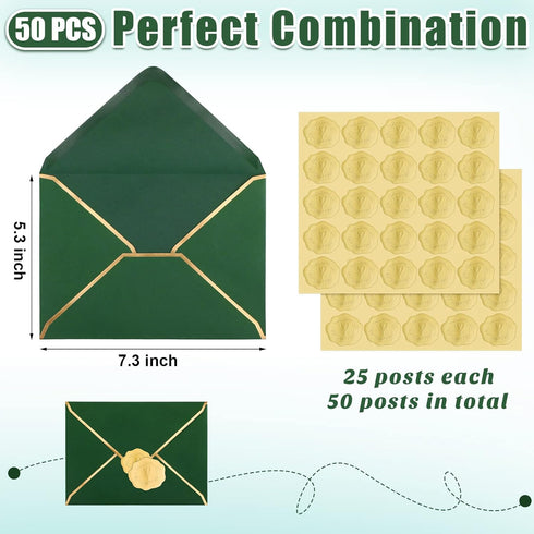 Teling 50 Pcs A7 Envelopes 5 x 7 Card Envelopes and 50 Pcs Gold Embossed Wax Seal Envelopes Self Adhesive V Flap Envelopes with Gold Border for Graduation Invitation Wedding (Dark Green) by Teling