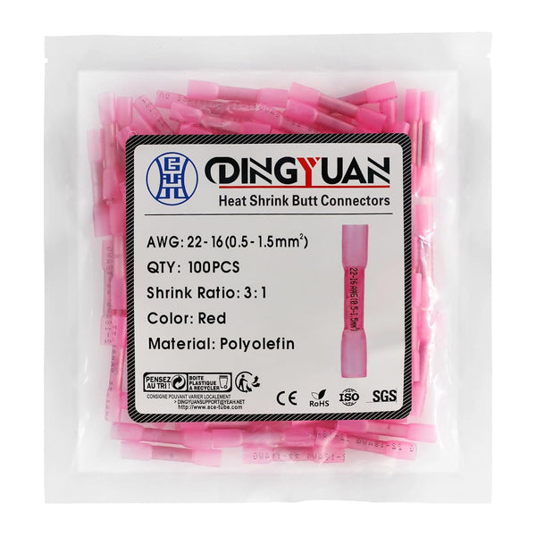 DINGYUAN Heat Shrink Butt Wire Connectors, 100PCS 22-16 AWG Red Waterproof & Insulated Electrical Wire Connectors