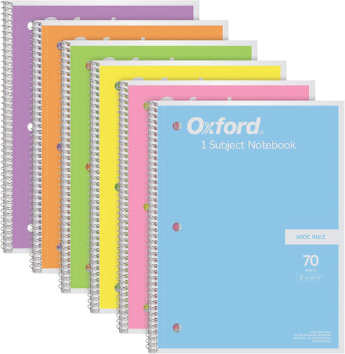 Oxford Spiral Notebook 6 Pack, 1 Subject, Wide Ruled Paper, 70 Sheets, 8 x 10-1/2 Inch, Pastel Pink, Orange, Yellow,
