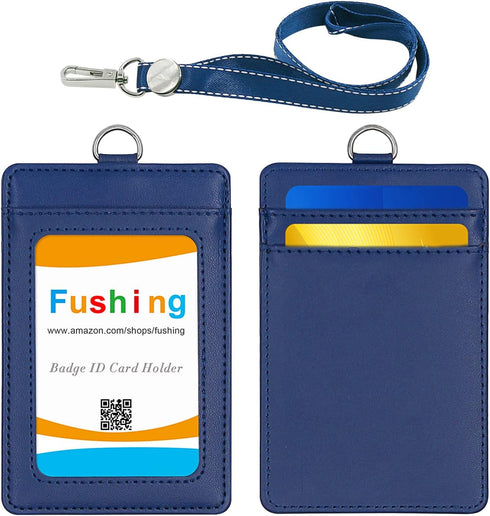 Fushing 2-Sided Genuine Leather ID Card Holder with Lanyard, 1 ID Window, 2 Card Slots, 18.7" Detachable Lanyard (Blue)