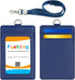 Fushing 2-Sided Genuine Leather ID Card Holder with Lanyard, 1 ID Window, 2 Card Slots, 18.7" Detachable Lanyard (Blue)