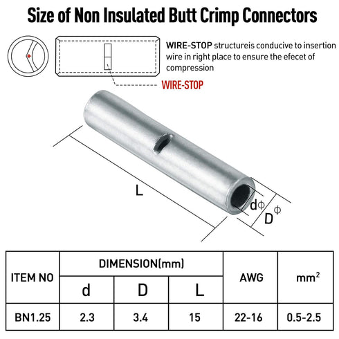 150 Pieces Non Insulated Butt Connectors, 22-16 Gauge Electrical Wire Seamless Uninsulated Crimp Ferrule Terminals