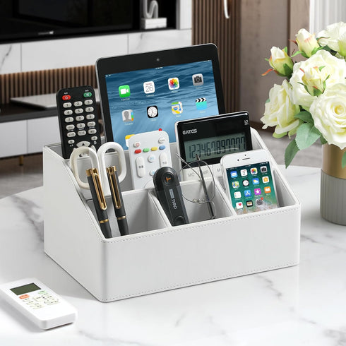 PU Leather Desk Organizer - Luxury Remote Control Holder for Home, Office Desk Accessories, Nightstand Organizer (White)