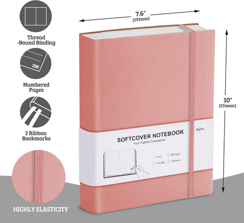 Gosirm Lined Notebook Journal Softcover, B5 Leather Notebook with Lined Paper 100gsm, Thick Journals for Women Men, Large College Ruled Notebooks for Writing, Work, 7.6'' X 10'' - 304 Pages Pink
