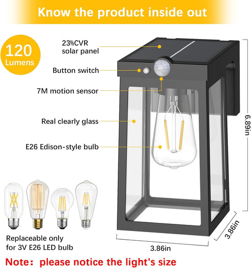 2 (2 Pack) Greluna Solar Motion Sensor Lights, Solar Lights with Modes & Waterproof, Dusk to Dawn Glass Outdoor Wall