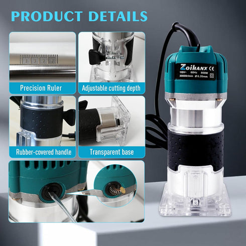 Zoihanx Trimming Carving,110V Trimmer 15 1/4" Set,Adjustable Height,30000R/MIN Wood Router,Palm Router for Slotting