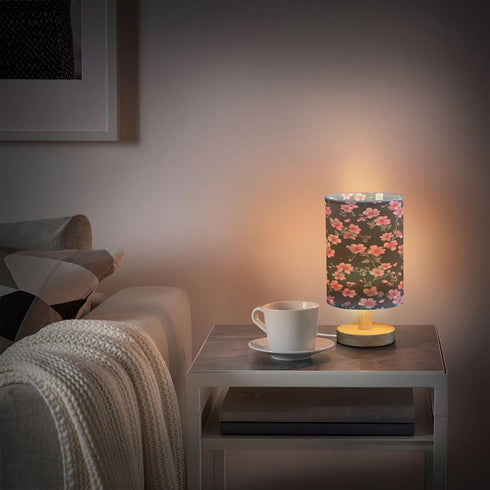 Black and Pink Floral Small Bedside Night Table Lamp Nightstand Lamp with Round Fabric Linen Shade Study Reading Desk