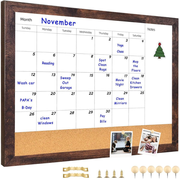 Monthly Calendar Dry Erase White Board & Cork Bulletin Board, 13" x 17" with Black Wood Frame