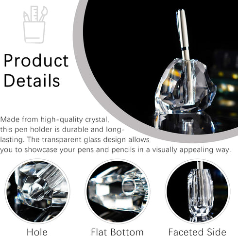 QFkris 3.5'' Crystal Signature Fountain Pen & Pencil Holder, Heart Shaped Glass Cut Pen Stand, Office Supplies Desktop
