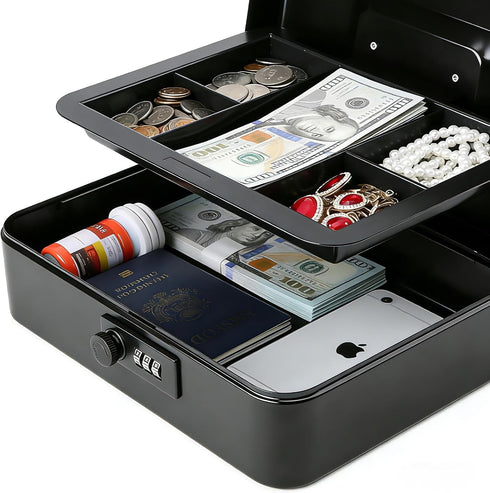 9.84" 7.87" 3.54", Decaller Large Cash Box with Combination Lock, Metal Money Box with Removable Tray, x x Black