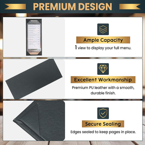 6 Pack 1 4.25" 11" View Menu Holder Menu Covers x | Black PU Leather Menu Sleeves Book Style for Restaurant Coffee Bars