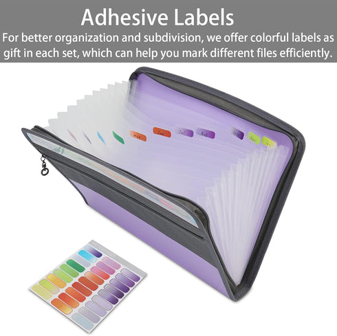 NAFY Accordion File Organizer, 13 Pockets, Expanding File Folder with Zipper, A4 Letter Size, Black+Purple