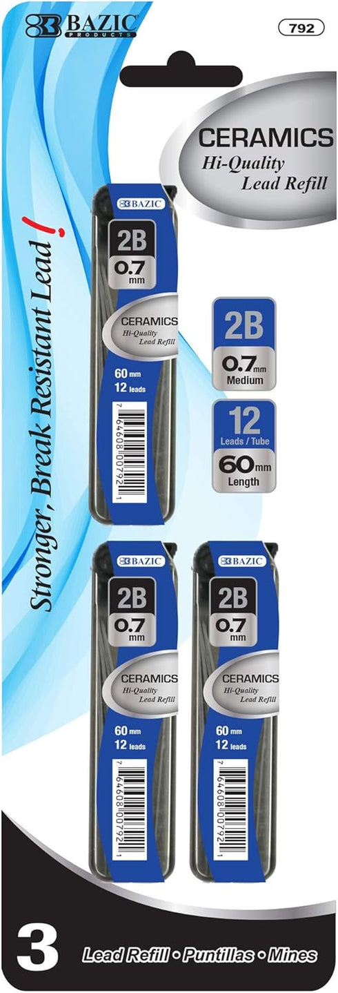 BAZIC Ceramics Mechanical Pencil Lead Refills 2B 0.7mm, 36 Count Pack for Drawing and Writing