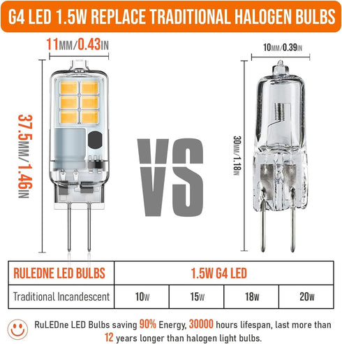 G4 Bulb 12V Bulb 1.5W, 15 G4, Dimmable 3000K 10Pack LED AC/DC, JC Bi-Pin Base Light Equivalent to Watt Halogen Not Warm