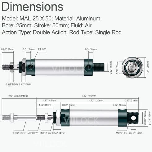 Pneumatic Air Cylinder, 25mm Bore, 50mm Stroke, Mini Single Rod Double Action MAL 25 X 50