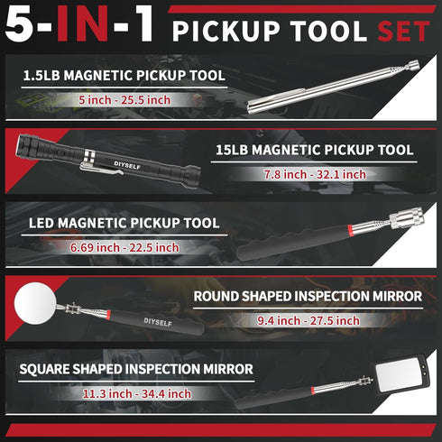 DIYSELF Magnetic Pickup Tool, Telescoping Magnet Stick, LED Flashlight, Flexible Magnetic Pickup Tool, Extendable