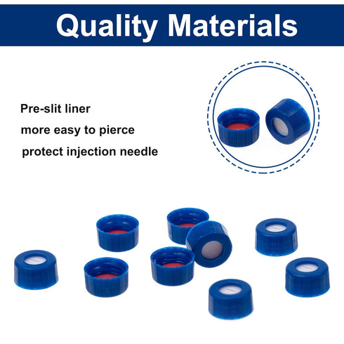 200PCS 2ml HPLC Autosampler Vial Caps, 9mm Blue 9-425 Ribbed Screw Caps with Red PTFE & White Silicone Liner, Pre-Slit.