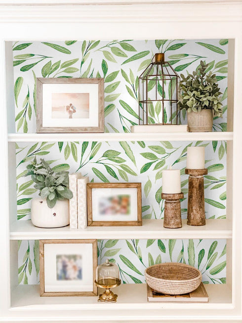 HAOKHOME 93199-2 Boho Peel and Stick Wallpaper, Green Branches Leaves, Removable Vinyl Contact Paper 17.7in x 9.8ft