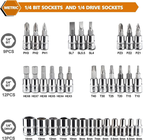 46 1/4 inch Set, Set Egofine Pieces Drive Socket Ratchet Wrench with Bit Socket Metric and Extension Bar for Auto