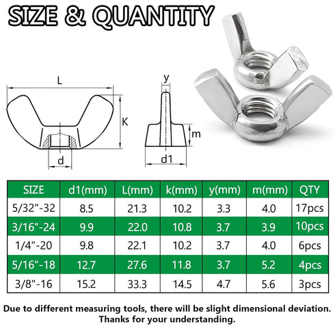 Aienxn 40PCS 5 5/32", 3/16", 1/4", 5/16", 3/8", SAE Wing Nuts Assortment Kit, Sizes- Zinc Plated Wingnuts Fasteners