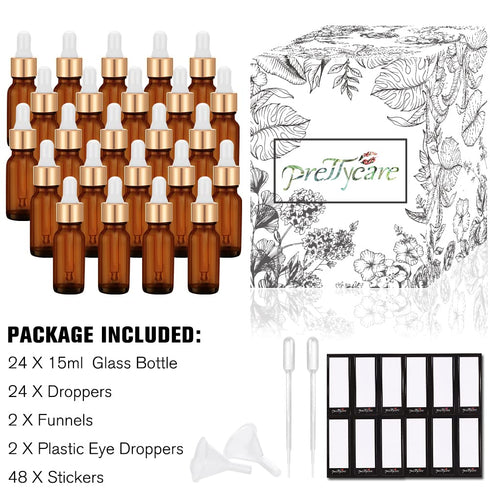 PrettyCare 15 ml Eye Dropper Bottle, 24 Pack Amber Glass Bottles with Golden Caps, Pipettes, Labels, Funnels.