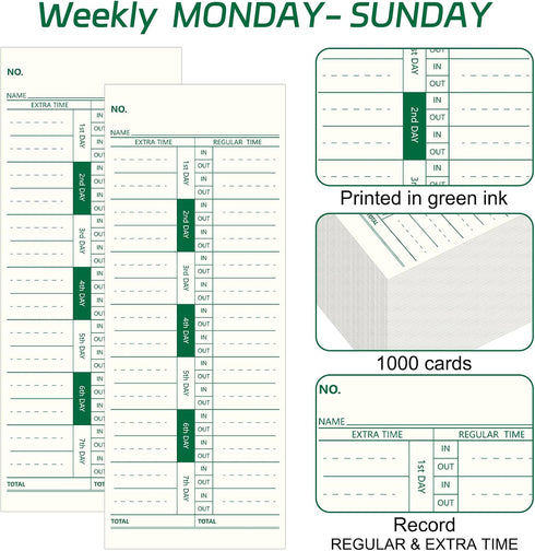 Chuangdi 1000 1 3.5 9 Inches Pieces Time Cards Side Time Clock Cards x Green Print Time Sheets for Employees Weekly