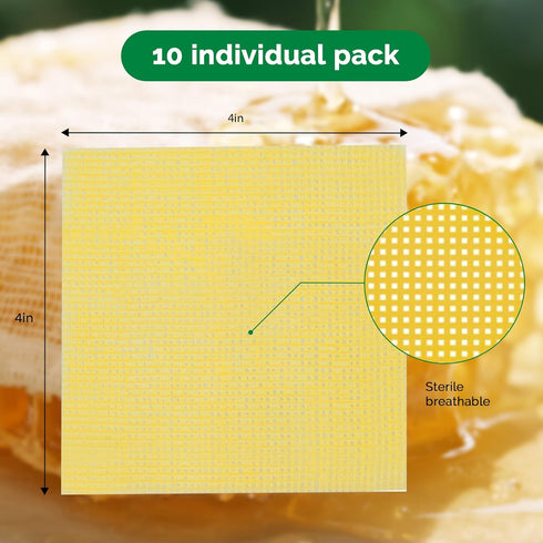 4" 4" 1st 2nd-Degree Pack 10) Greetmed Honey Gauze Wound Dressing x Medical Grade Manuka Honey Wound Care Pads Honey