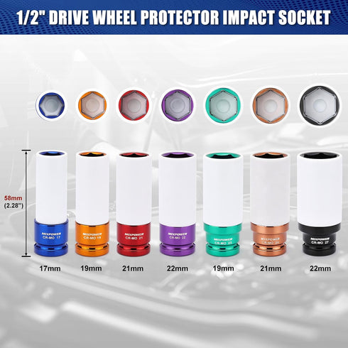 1/2" 7pcs Set, 6 17mm, 19mm, 21mm, 22mm, 23mm, 24mm,27mm MIXPOWER Drive Wheel Protector Impact Socket, Thin Wall Deep
