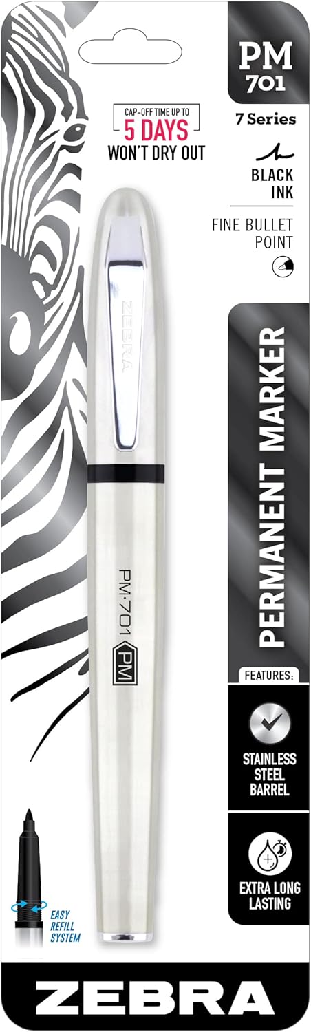 Zebra Pen PM-701 Permanent Marker, Fine Bullet Tip, Black Ink, Refillable, Stainless Steel Barrel, 1-Pack