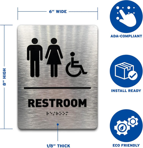 Men Bathroom Sign by GDS, ADA Compliant, Wheelchair Accessible, Raised Icons, Grade 2 Braille, 6" W x 8" H