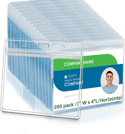 4x3 Inches Horizontal Badge Holder, Clear ID Card Holder with Waterproof Resealable