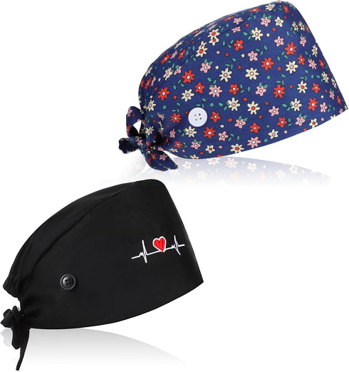 Heclia 2Pcs Scrub Caps Women, Nursing Hats with Buttons & Sweatband Adjustable Bouffant Working Cap Surgery Cap Women