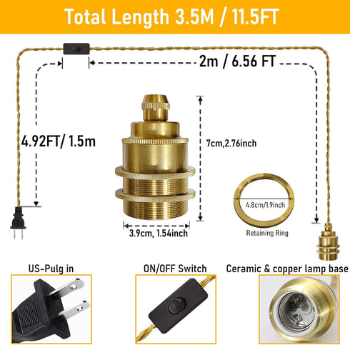 E26 11.5FT Gold Plug in Pendant Light Kit, Hanging Plug in Lights Fixture with Metal Ceramic Socket, Hanging Lights