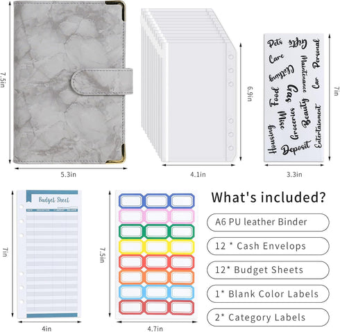 Budget Binder Leather A6 Cash Envelopes, Money Saving Binder with Zipper Envelopes for Budgeting, Gray