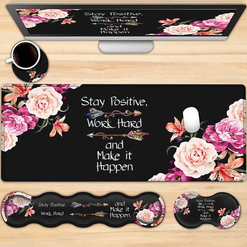 Peony Flower Inspirational Quotes Large Mouse Pad with Wrist Support Set, Ergonomic Mouse Wrist Pad +XXL Gaming Pad