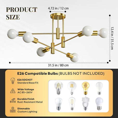 6-Light Sputnik Chandelier Gold, Mid-Century Modern Ceiling Light Fixture for Dining Room, Kitchen, Living Room