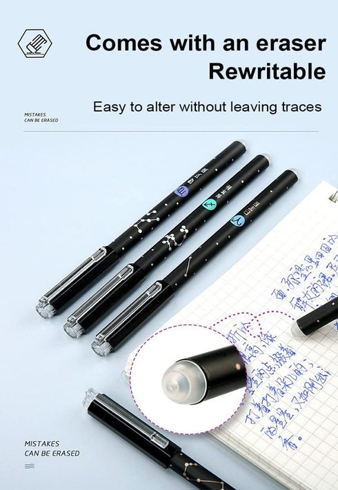 Gel Ink Pens 12PCS Erasable, with Eraser 0.5mm Fine Point Black/Blue 12 Constellations Ink Medium Point Creativity for Journaling Writing Drawing Office Home School (Black) by ToneGrip