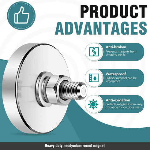 M8 200 lb 44mm 8 Packs Super Strong Neodymium Round Magnet with Male Thread Nuts Bolts Corrosion-Resistant Mounting