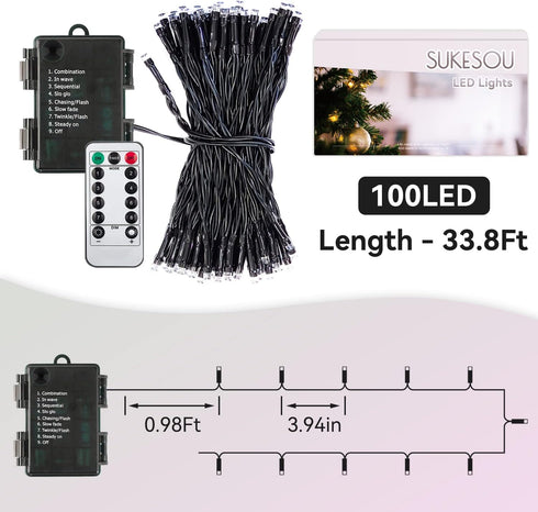 33Ft 100 8Modes Battery String Lights Outdoor LED Fairy Lights for Indoor Outdoor Waterproof with Remote Timer Battery