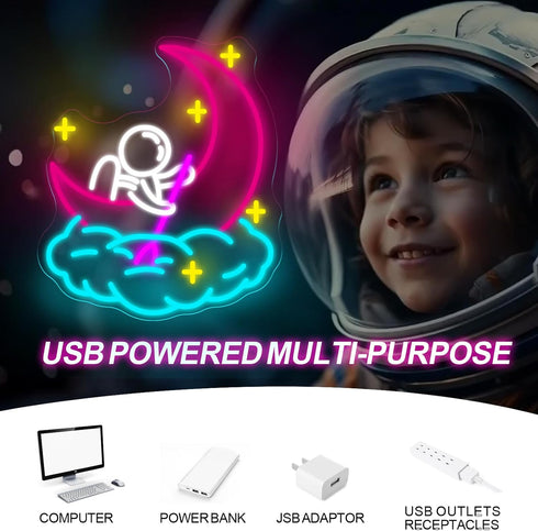 15.7513.6, Astronaut Neon Sign for Kids Room LED Space Neon Light with Moon and Cloud Cute Galaxy Theme Night Light