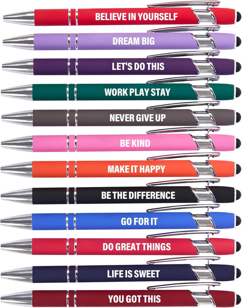 Funny Pens, 12 Pcs Fine Point Smooth Writing Pens, Inspirational Ballpoint Pens with Touch Stylus Tips, Black Ink 1.0