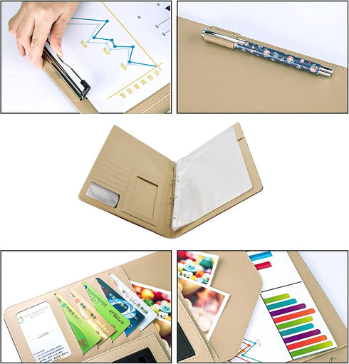 Enyuwlcm PU Leather Padfolio Ring Binder, Clipboard Resume Portfolio with 20 Clear Plastic Sleeves, Brown